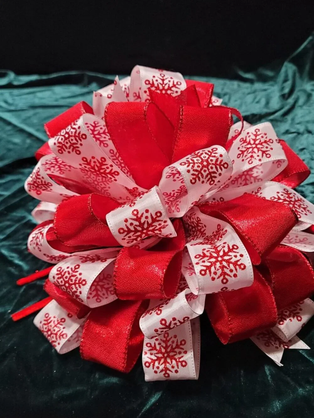 Christmas Tree Bow Topper, Red Snowflake and Red Ribbon Tree Topper 44 Loop Bow
